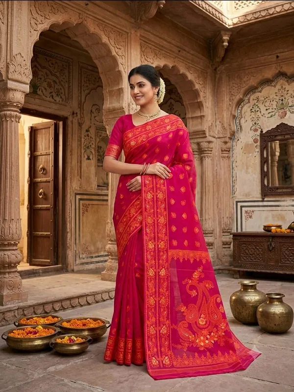 New_Pujo_Special_Dhakai_Jamdani_Saree_With_Blouse_Piece