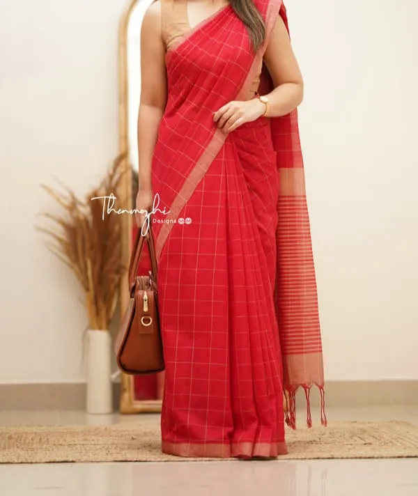 Manjuri_Check_Khadi_Cotton_Saree_With_Blouse_Piece