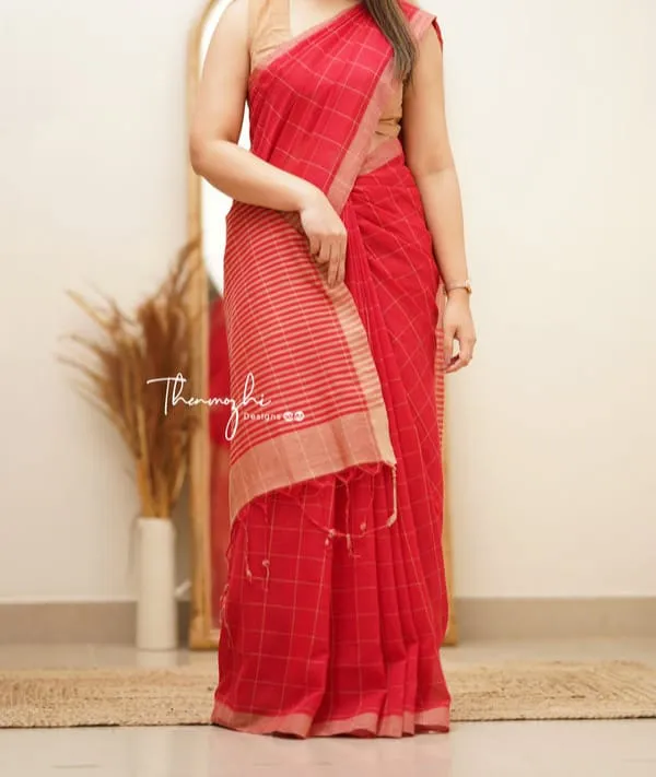 Manjuri_Check_Khadi_Cotton_Saree_With_Blouse_Piece