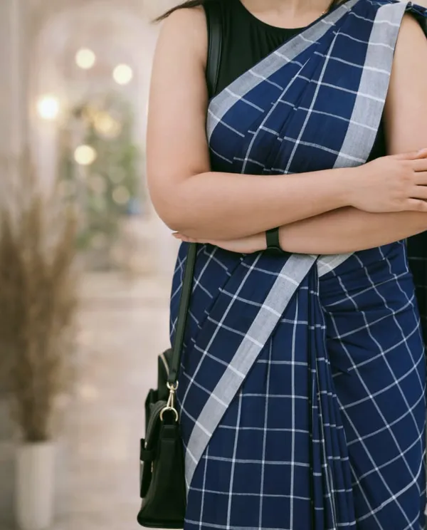 Manjuri_Check_Khadi_Cotton_Saree_With_Blouse_Piece