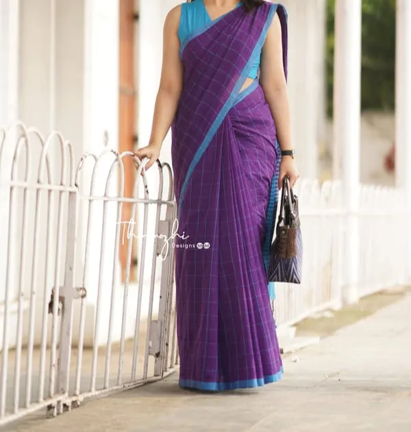 Manjuri_Check_Khadi_Cotton_Saree_With_Blouse_Piece