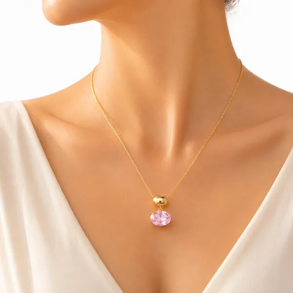 Gold__And_Pink_Stainless_Steel_Plated_Purple_Diamond_Pendant_Necklace_For_Women