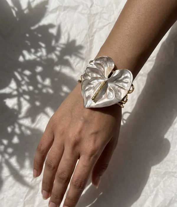 Anti-Tarnish_Gold_Tone_Hammered_Cuff_Bracelet_With_Silver_Tone_Petal