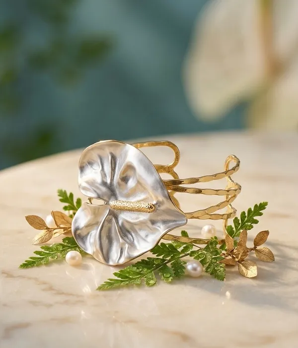 Anti-Tarnish_Gold_Tone_Hammered_Cuff_Bracelet_With_Silver_Tone_Petal