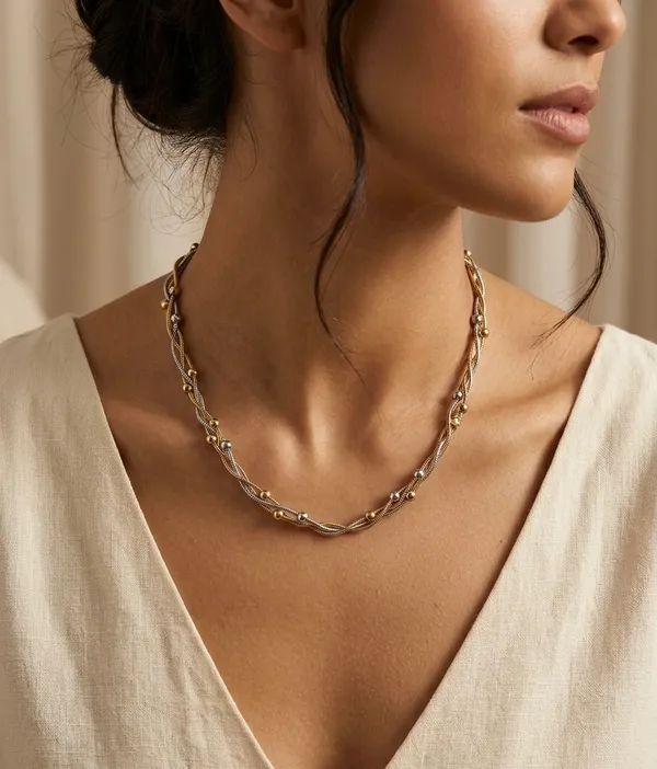 Anti-Tarnish_Tri-Tone_Braided_Chain_Necklace_With_Beads