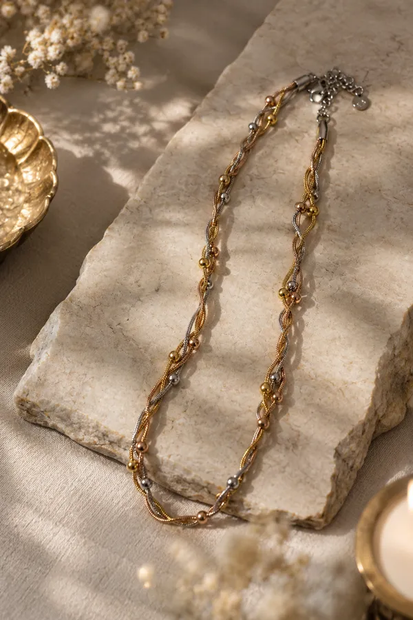 Anti-Tarnish_Tri-Tone_Braided_Chain_Necklace_With_Beads