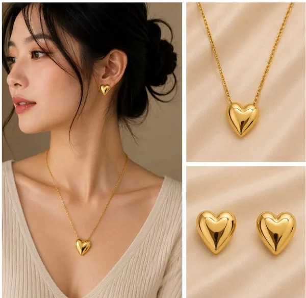 Gold_Tone_Heart_Necklace_And_Earrings_Set_for_Women