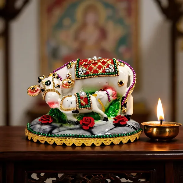 White_Marble_Cow_Statue_Multicolor
