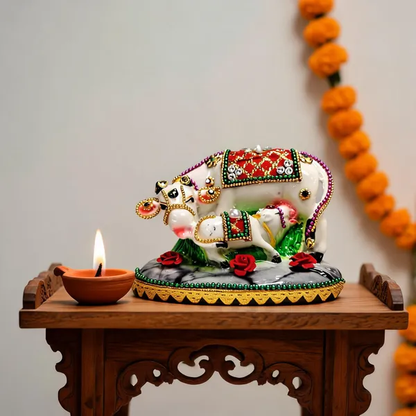 White_Marble_Cow_Statue_Multicolor