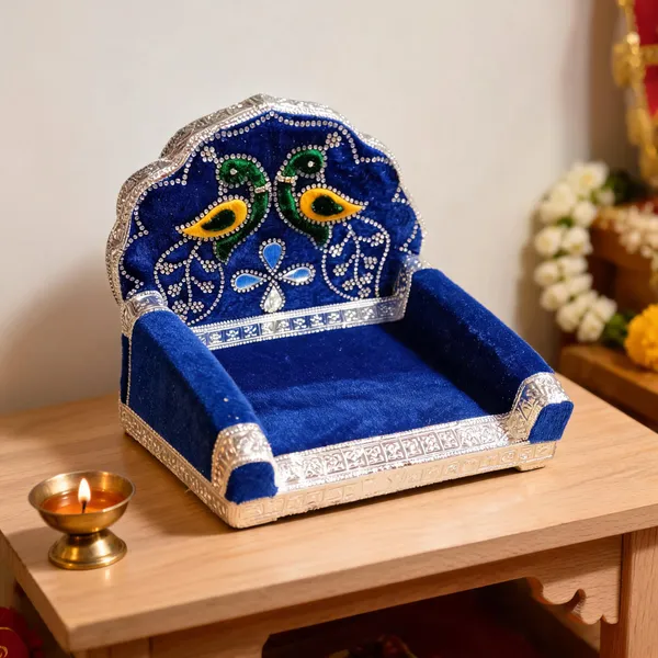 Blue_Silver_Stone-Work_Wooden_Singhasan_For_Laddu_Gopal_Ji
