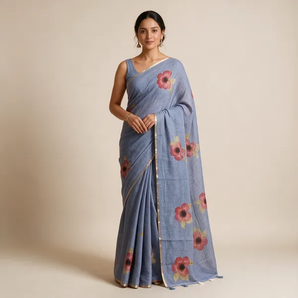 Light_Blue_Floral_Print_Tassel_Saree_For_Women
