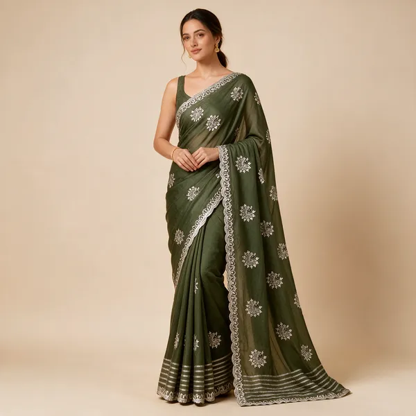 Olive_Green_Embroidered_Saree_For_Women