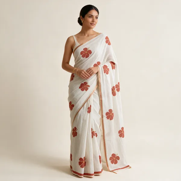 White_Floral_Print_Saree_For_Women