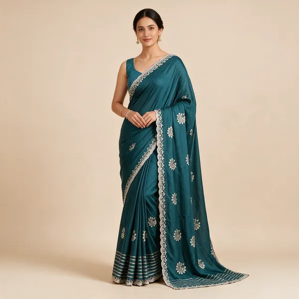 Teal_Embroidered_Border_Saree_For_Women
