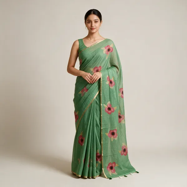Green_Floral_Print_Saree_For_Women