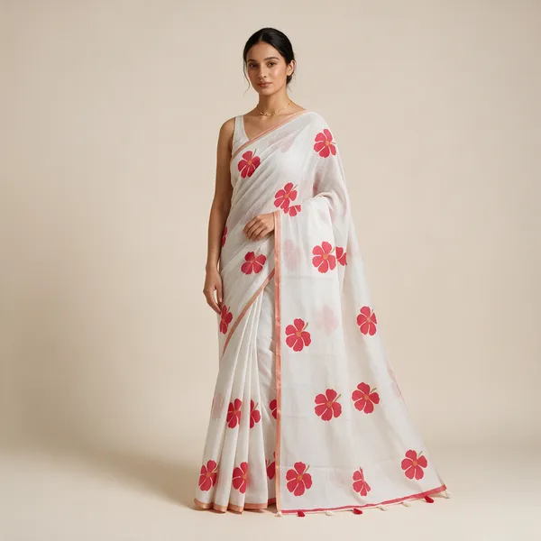 White_Floral_Print_Saree_For_Women