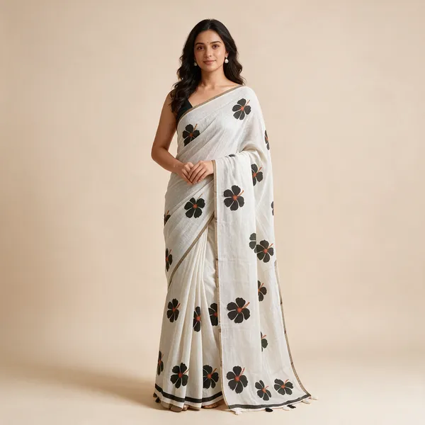 White_Floral_Print_Saree_For_Women