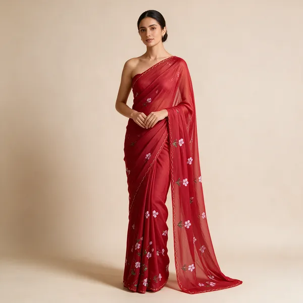 Red_Floral_Embroidered_Saree_For_Women