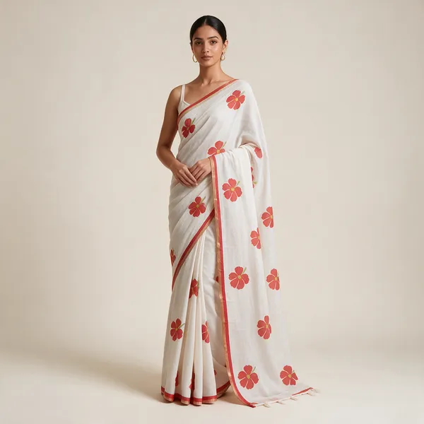 White_Floral_Print_Saree_For_Women