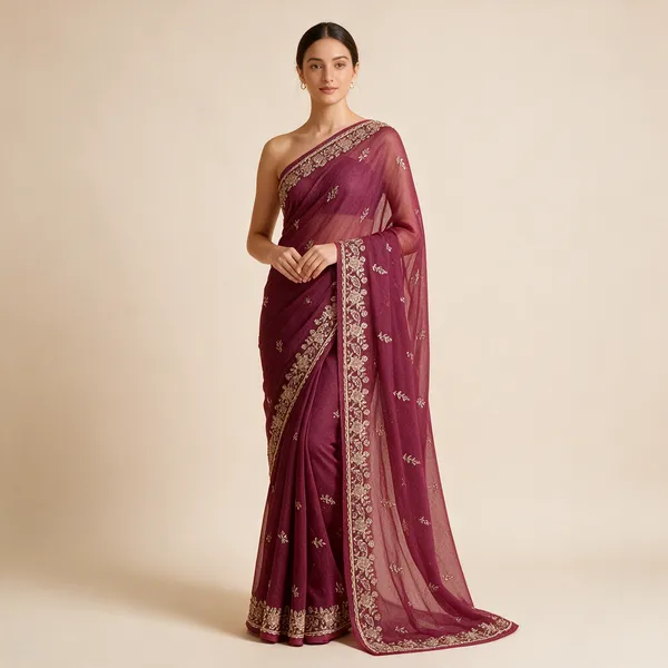 Wine_Embroidered_Net_Saree_For_Women