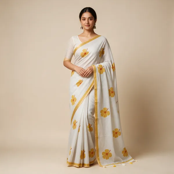 White_Floral_Print_Saree_For_Women