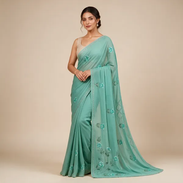 Aqua_Sheer_Floral_Embroidered_Saree_For_Women