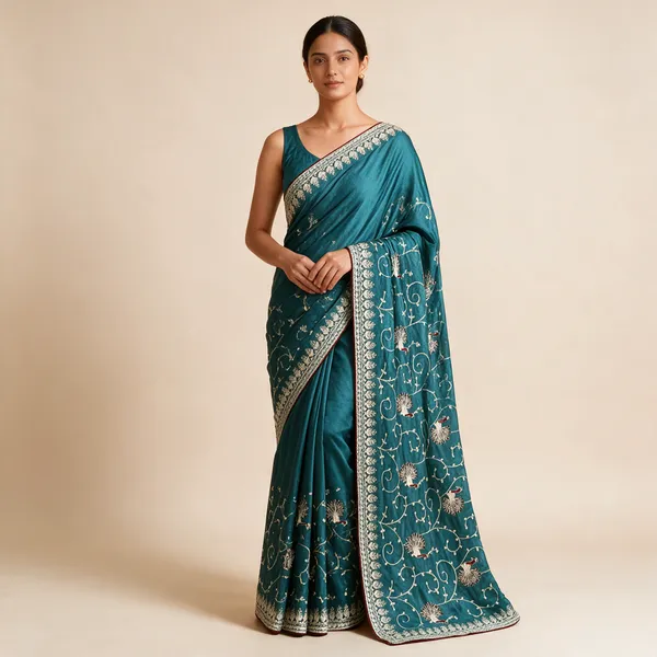 Teal_Embroidered_Saree_For_Women