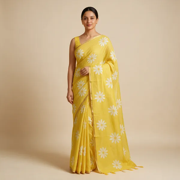 Yellow_Floral_Print_Ethnic_Saree_For_Women