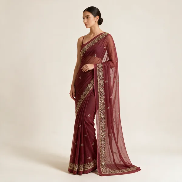 Maroon_Net_Embroidered_Saree_For_Women