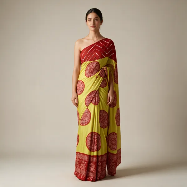 Yellow_Red_Printed_Saree_For_Women