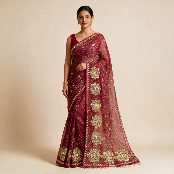 Maroon_Net_Embroidered_Saree_For_Women