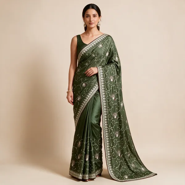 Olive_Green_Embroidered_Saree_For_Women