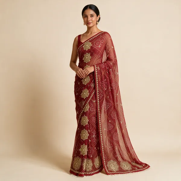 Maroon_Embroidered_Net_Saree_For_Women