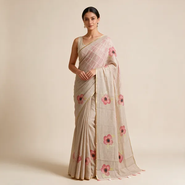 Beige_Floral_Print_Saree_For_Women