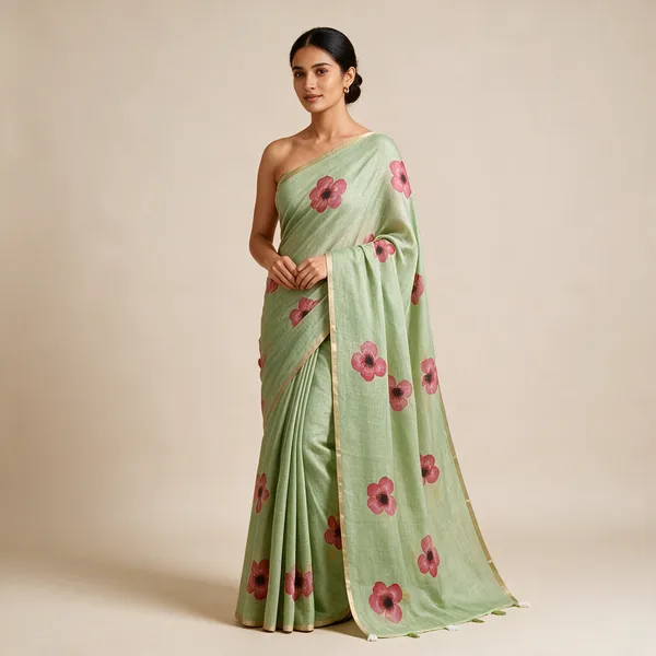 Green_Floral_Print_Saree_For_Women