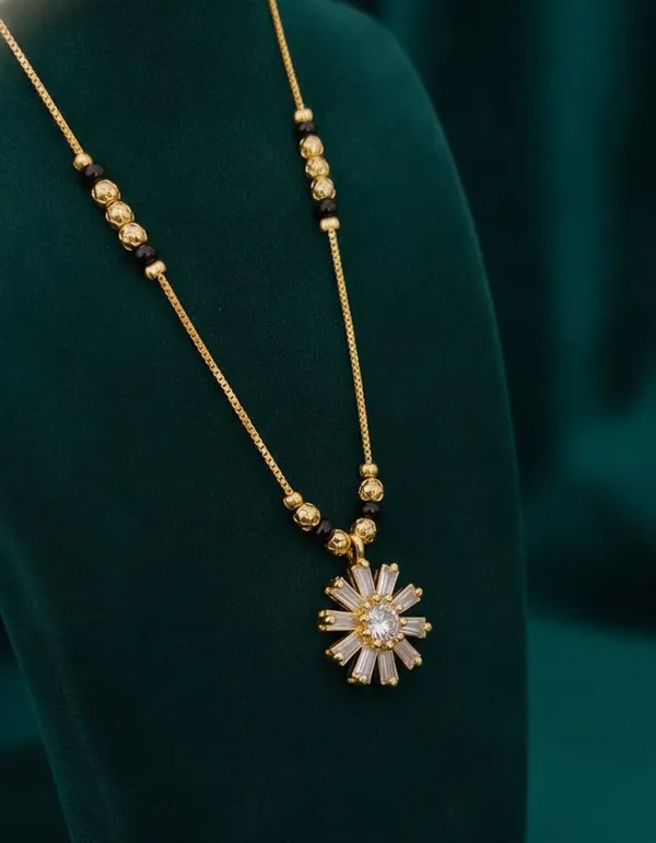 Gold_Tone_Black_Beaded_Floral_Sunburst_Pendant_Chain_For_Women