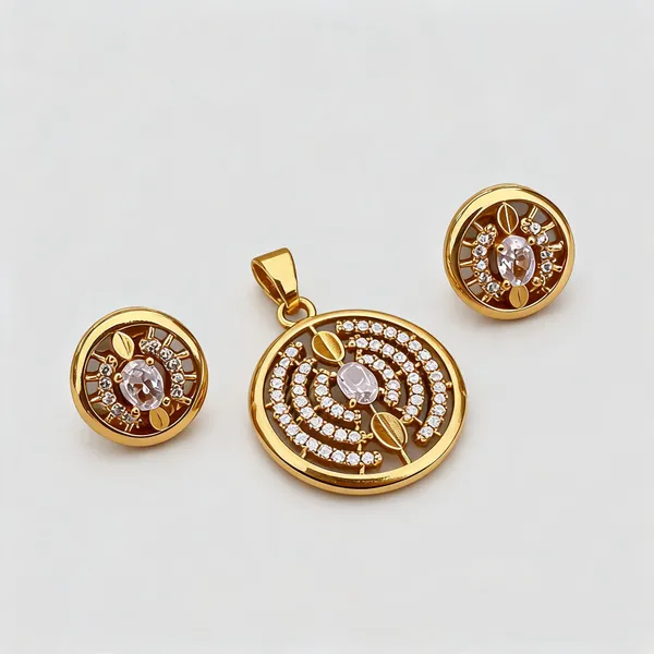 Gold_Tone_Metal_Stone_Studded_Circular_Pendant_Earring_Set_For_Women