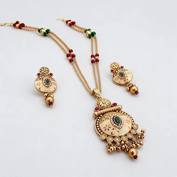Gold_Tone_Metal_Ethnic_Floral_Pendant_Necklace_Set_For_Women