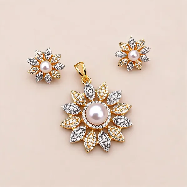 Gold_&_Silver_Tone_Floral_Pearl_Stone_Pendant_Earring_Set_For_Women