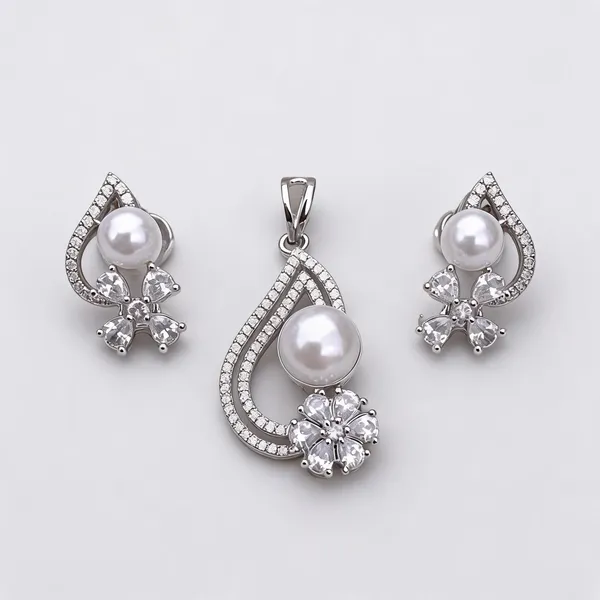 Silver_Tone_Pearl_Crystal_Teardrop_Pendant_Earring_Set_For_Women