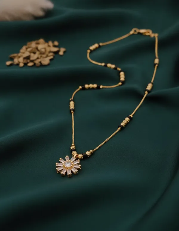 Gold_Tone_Black_Beaded_Floral_Sunburst_Pendant_Chain_For_Women
