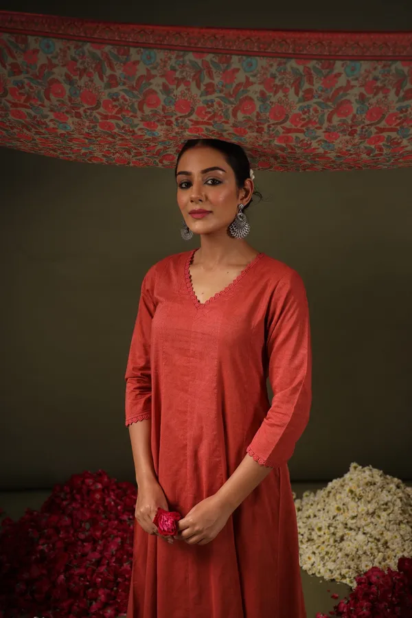 Rust_Rayon_Straight_Kurta_Set_With_Floral_Dupatta_For_Women