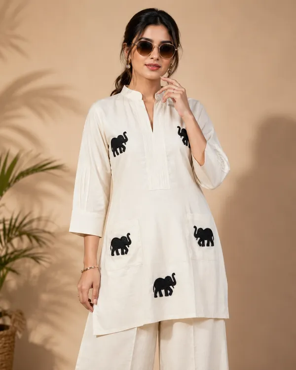 White_Khadi_Cotton_Elephant_Print_Straight_Kurta_Set_For_Women