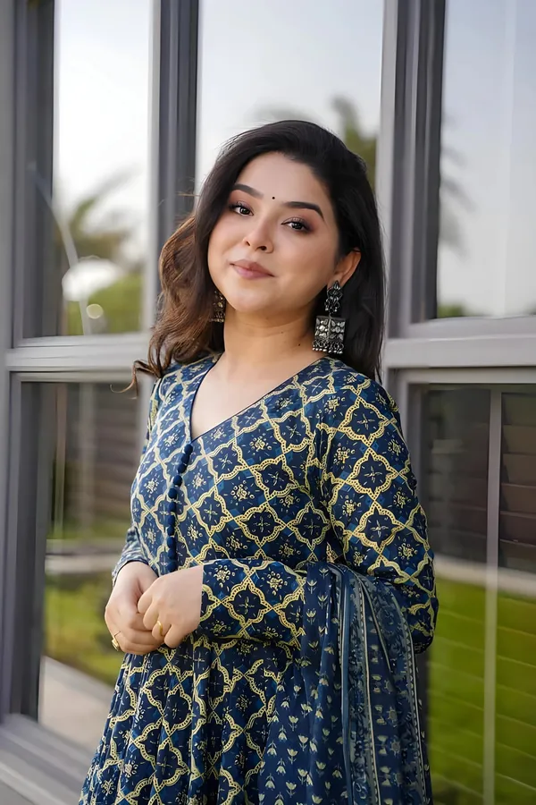 Navy_Blue_Cotton_Blend_Printed_Flared_Kurti_Pant_Dupatta_Set_For_Women