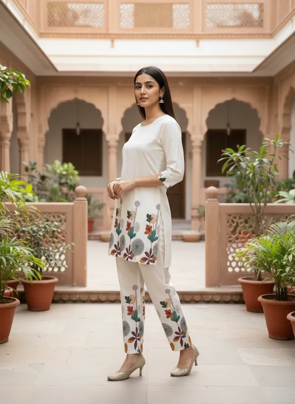 White_Khadi_Cotton_Floral_Print_Kurta_Pant_Set_For_Women