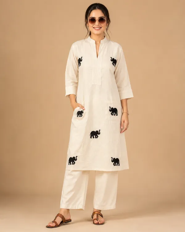White_Khadi_Cotton_Elephant_Print_Straight_Kurta_Set_For_Women