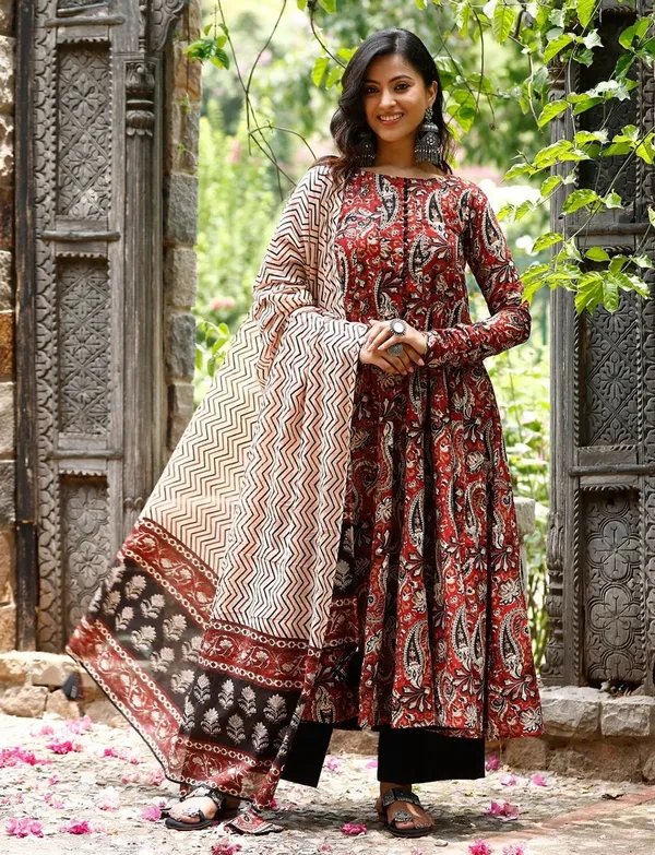 Red_Rayon_A-Line_Printed_Kurta_Set_For_Women