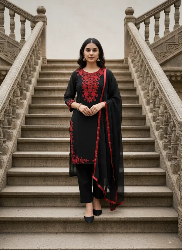 Black_Faux_Georgette_Embroidered_Kurta_Set_For_Women