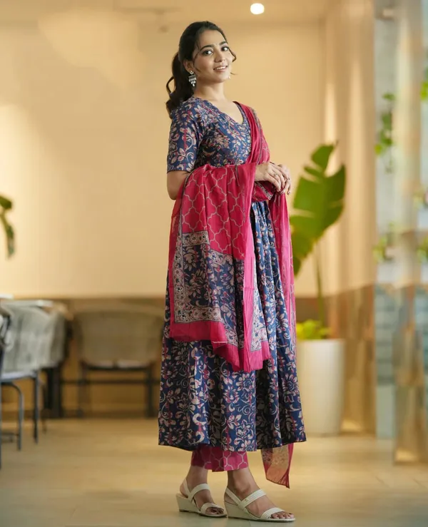Navy_Rayon_Floral_Print_Flared_Anarkali_Kurta_Set_For_Women