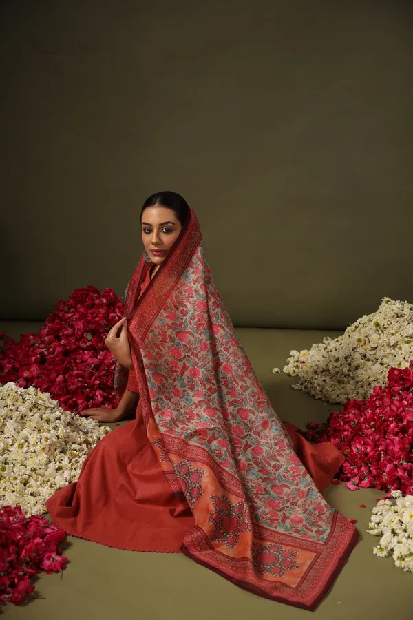 Rust_Rayon_Straight_Kurta_Set_With_Floral_Dupatta_For_Women